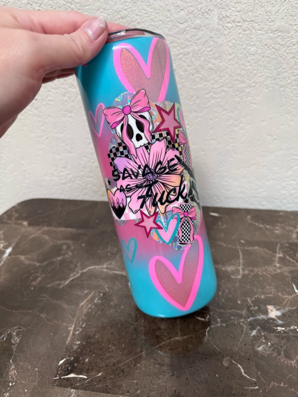 Handmade Pink Blue Peekaboo Glitter Heart 20 Oz Skinny Tumbler Cup Savage AF